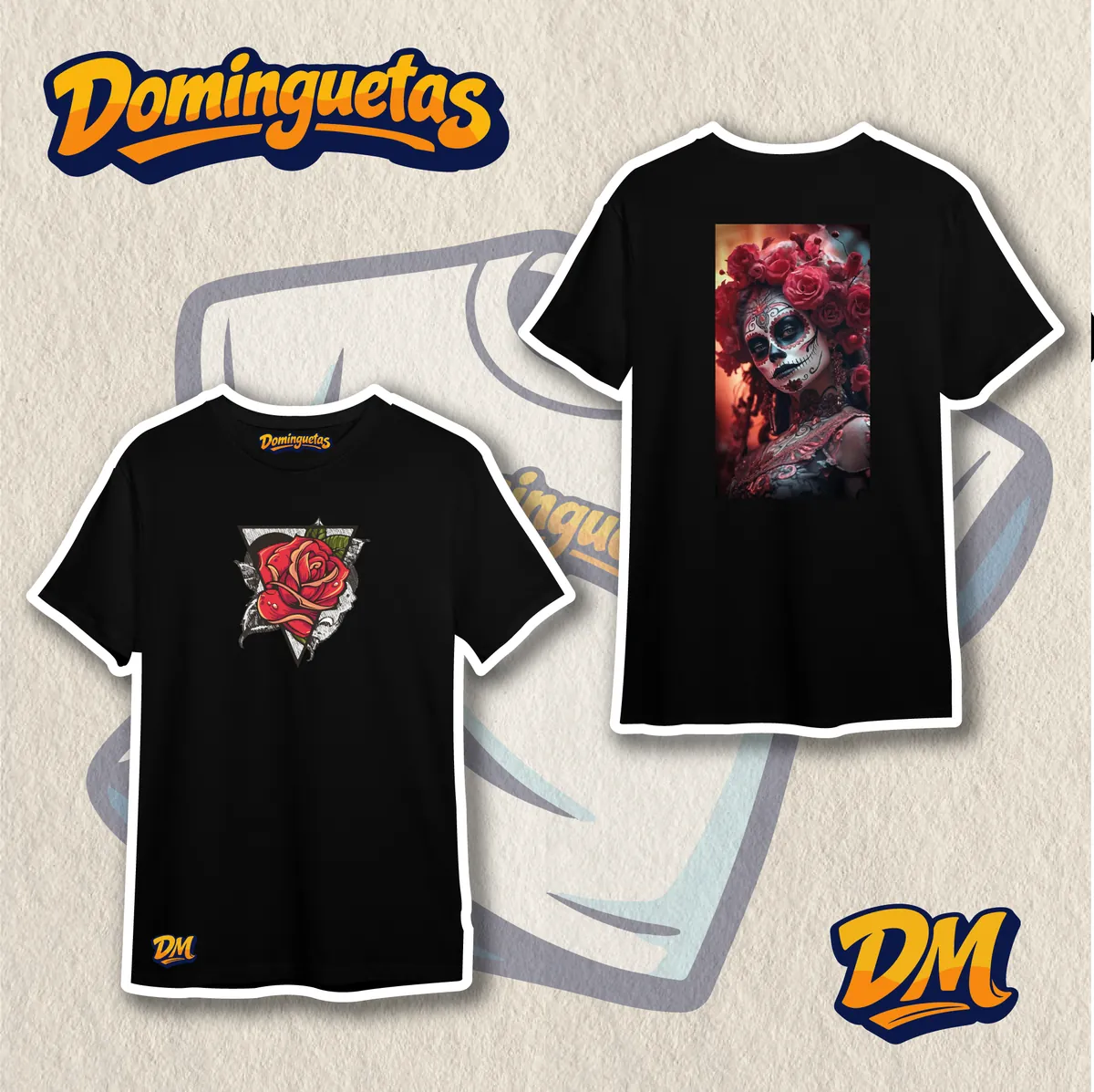 Mockup de camiseta Catrina I de Dominguetas, frente y espalda
